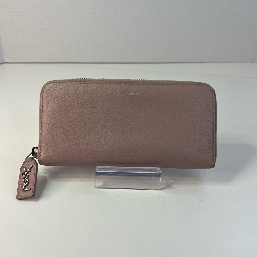 YSL Saint Laurent Pink Grained Calfskin Leather Zippy Wallet w/Silver Hardware